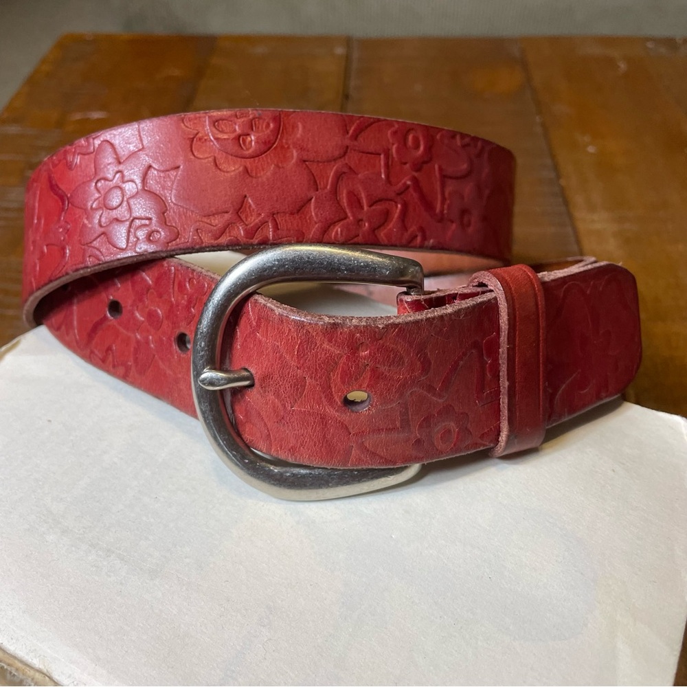 Vintage Fossil Red Leather Tooled Mod Floral Cowgirl Country Distressed Belt   L